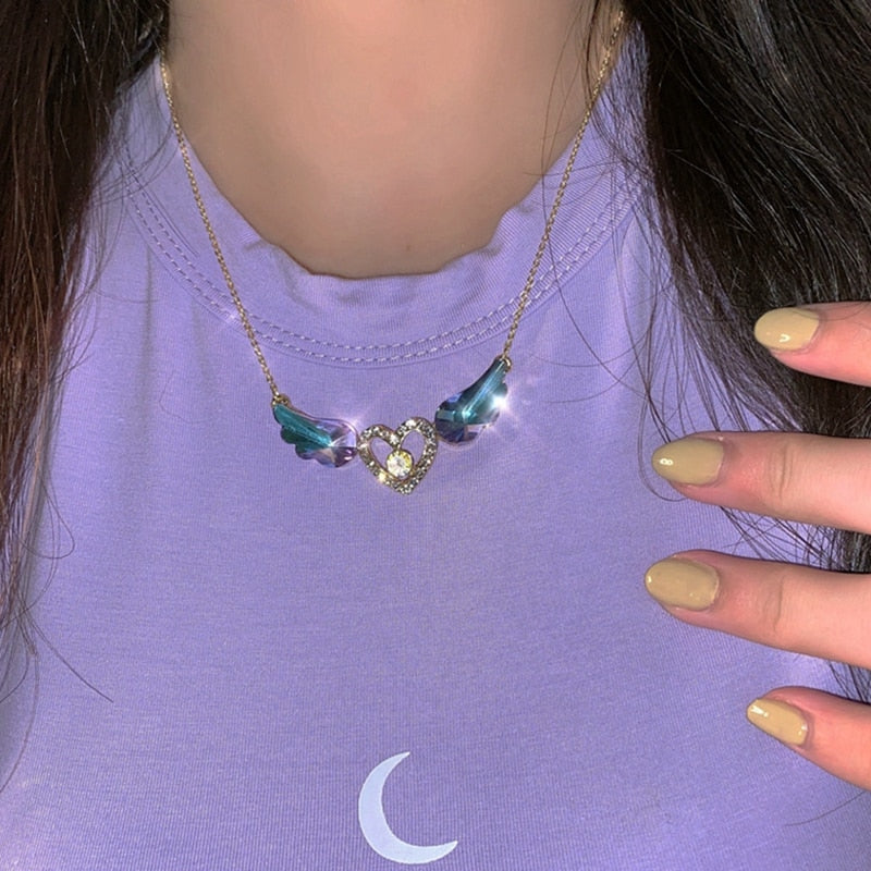 MENGJIQIAO Korean Elegant Wing Crystal Choker Necklace For Women Girls Hollow Heart Rhinestone Necklace Party Jewelry