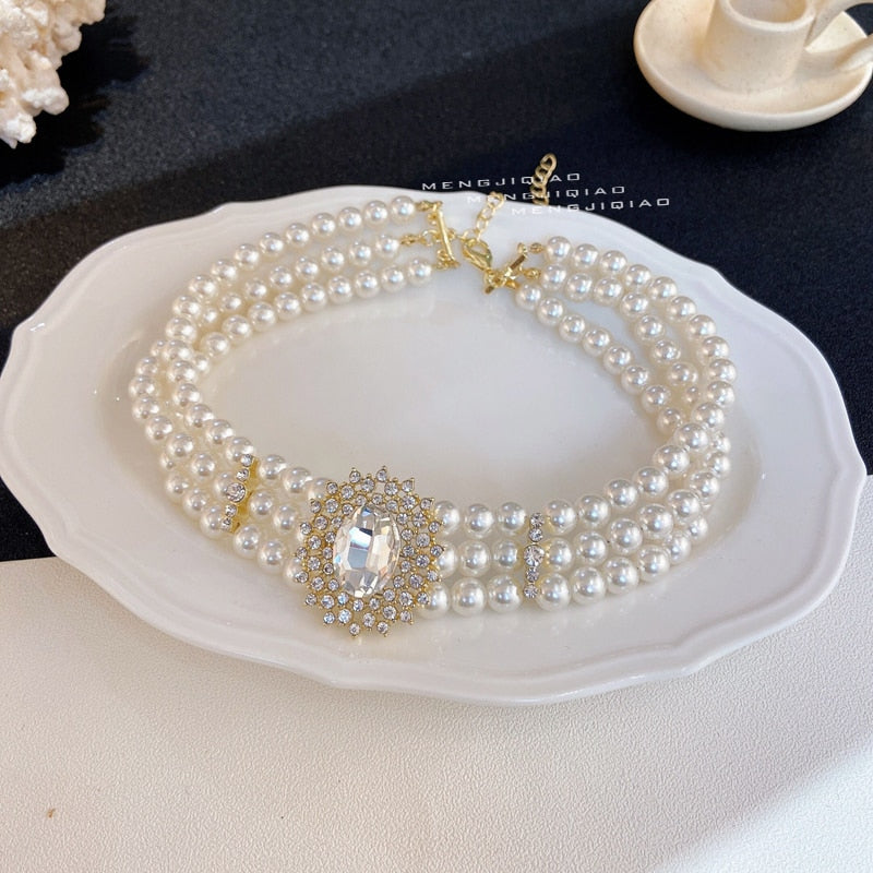 MENGJIQIAO  Vintage Style 3 Layers Pearl Choker Necklace For Women Elegant Crystal Short Necklace Party Jewelry