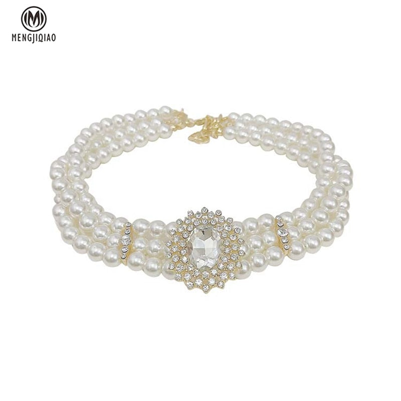 MENGJIQIAO  Vintage Style 3 Layers Pearl Choker Necklace For Women Elegant Crystal Short Necklace Party Jewelry