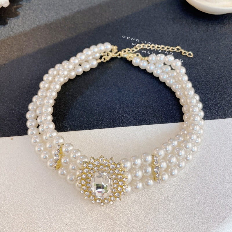 MENGJIQIAO  Vintage Style 3 Layers Pearl Choker Necklace For Women Elegant Crystal Short Necklace Party Jewelry
