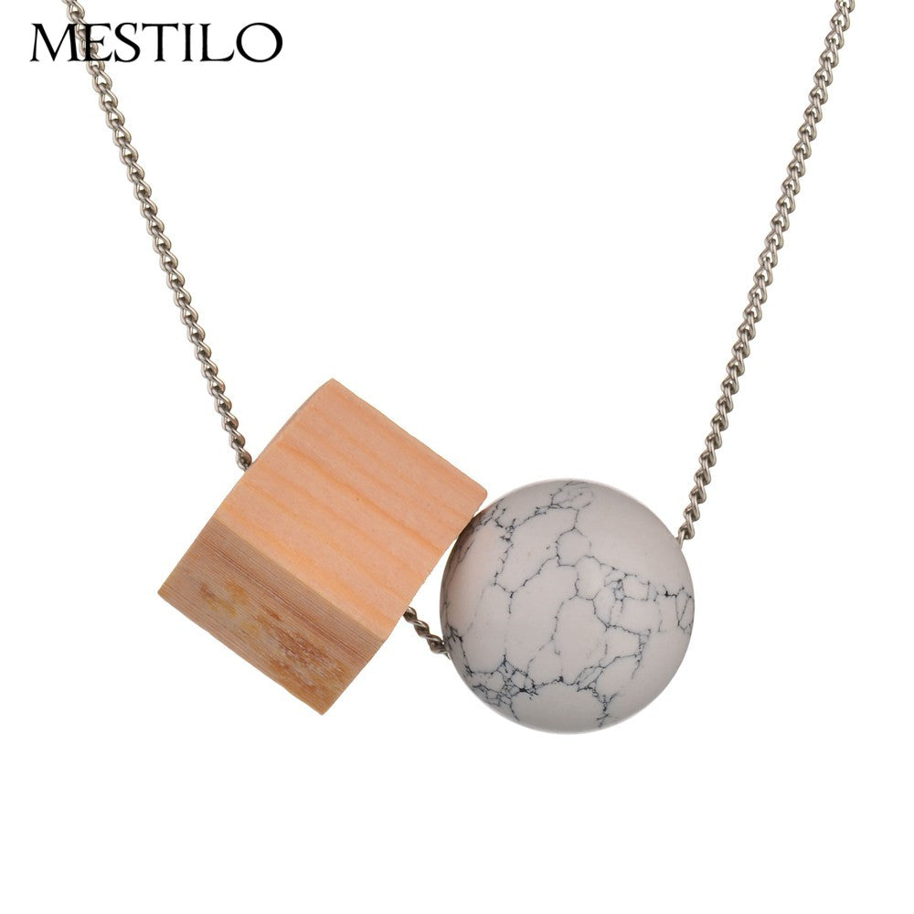 Fashion Women Winter Long Necklace Sweater Accessories Simple Geometric Square Wood Round Stone Pendant Necklace Jewelry