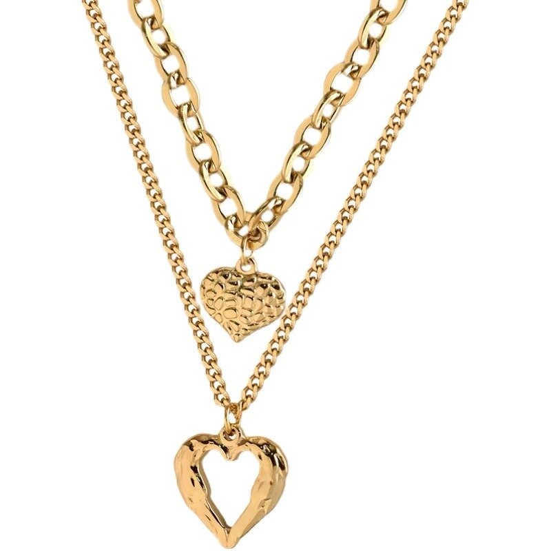 MEYRROYU 316L Stainless Steel Double Layered Love Heart Pendant Necklace For Women Vintage Punk Golden Clavicle Chain Jewelry