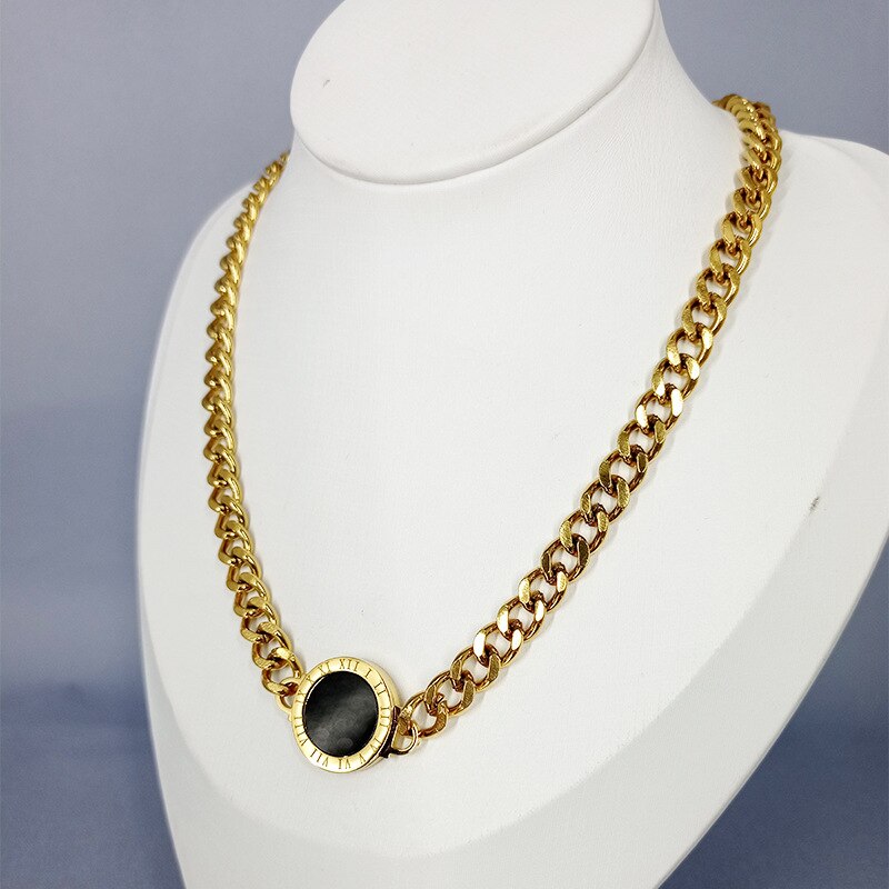 MEYRROYU Stainless Steel 2 Color Thick Chain Black Acrylic Round Necklaces For Women 2022 Trendy Party Gift Jewelry