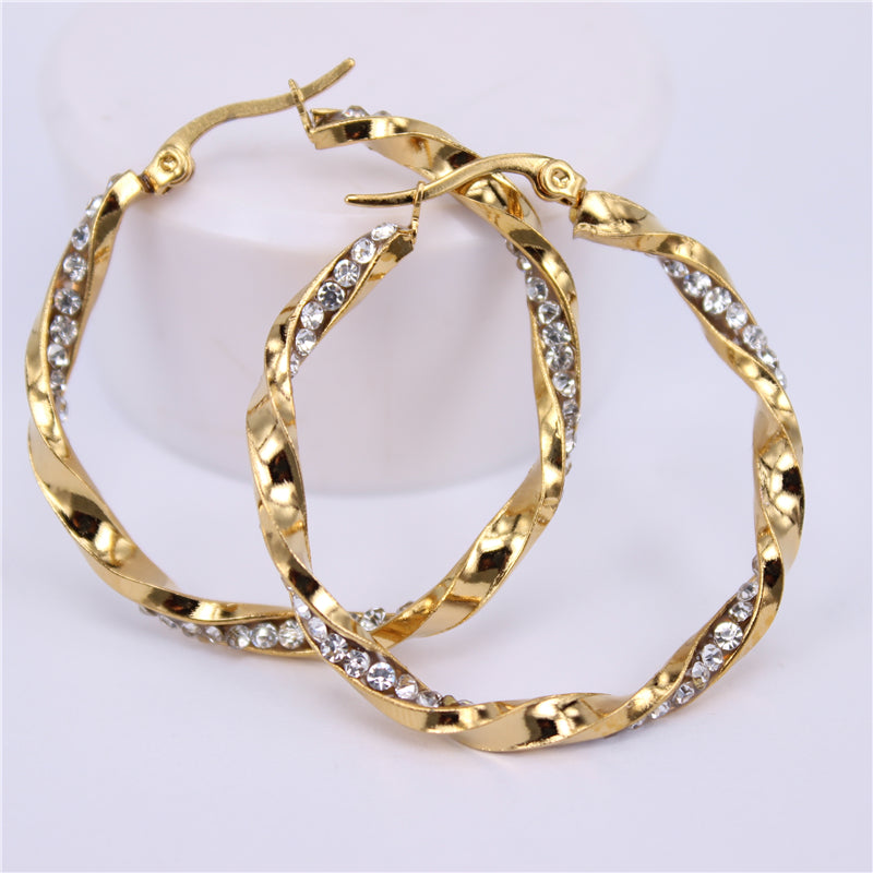 Diameter 30MM-40MM Crystal Round Hoop Earrings Twisted Gold Color For Women Party Wholesale Top Quality LH564