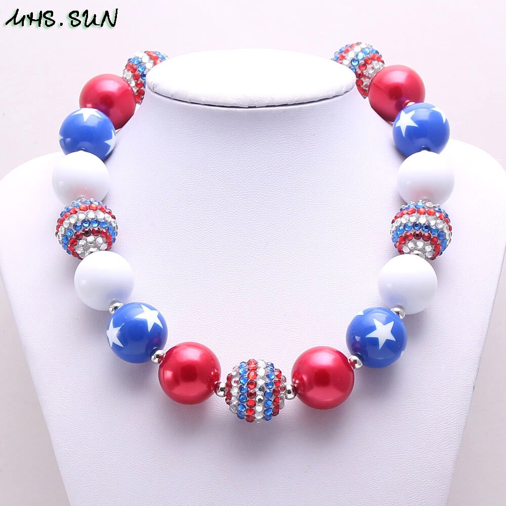 MHS.SUN 1PC/lot Baby Girls Chunky Handmade Bubblegum Beaded Necklace 4th July USA Flag Color Choker Necklace Jewelry Gift