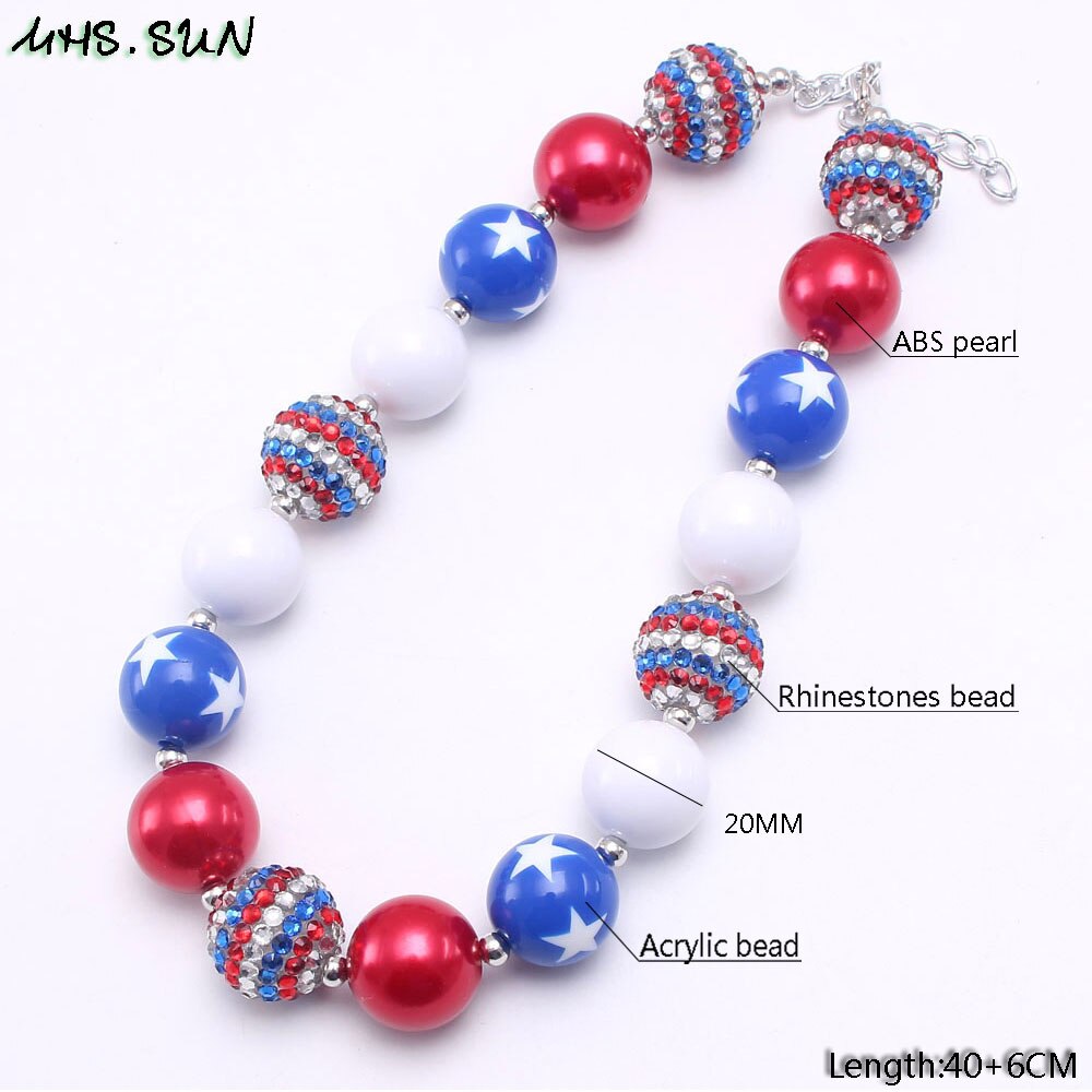 MHS.SUN 1PC/lot Baby Girls Chunky Handmade Bubblegum Beaded Necklace 4th July USA Flag Color Choker Necklace Jewelry Gift