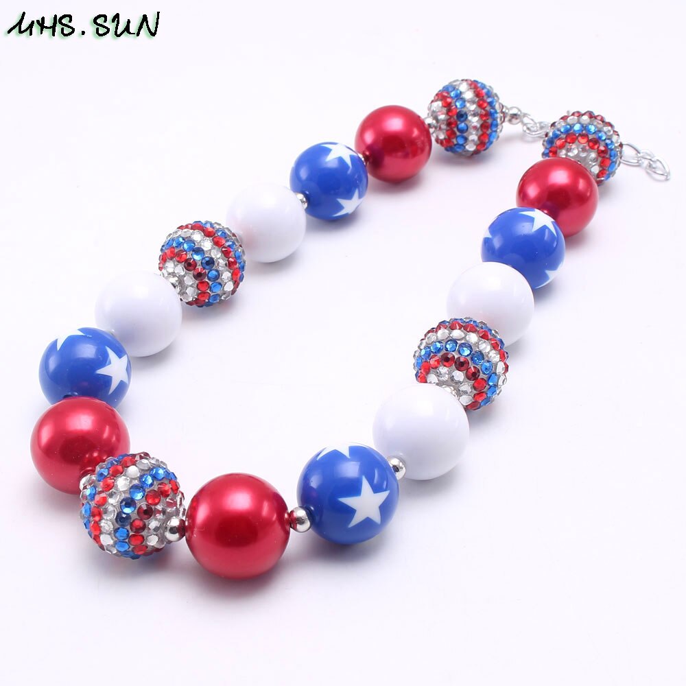 MHS.SUN 1PC/lot Baby Girls Chunky Handmade Bubblegum Beaded Necklace 4th July USA Flag Color Choker Necklace Jewelry Gift