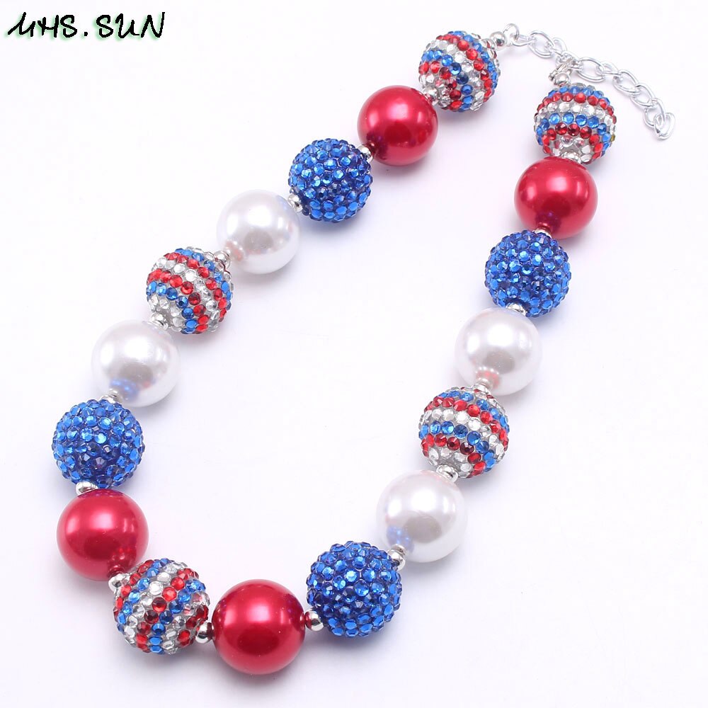 MHS.SUN 1PC/lot Baby Girls Chunky Handmade Bubblegum Beaded Necklace 4th July USA Flag Color Choker Necklace Jewelry Gift
