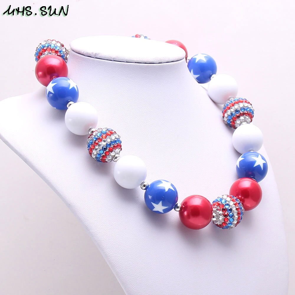 MHS.SUN 1PC/lot Baby Girls Chunky Handmade Bubblegum Beaded Necklace 4th July USA Flag Color Choker Necklace Jewelry Gift