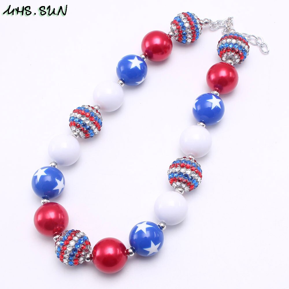 MHS.SUN 1PC/lot Baby Girls Chunky Handmade Bubblegum Beaded Necklace 4th July USA Flag Color Choker Necklace Jewelry Gift