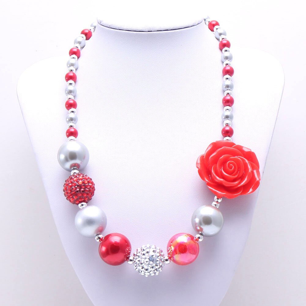 MHS.SUN 1PCS Big Flower Beads Kid Chunky Necklace Silve+Red Color Toddlers Girls Bubblegum Bead Chunky Necklace Children Jewelry