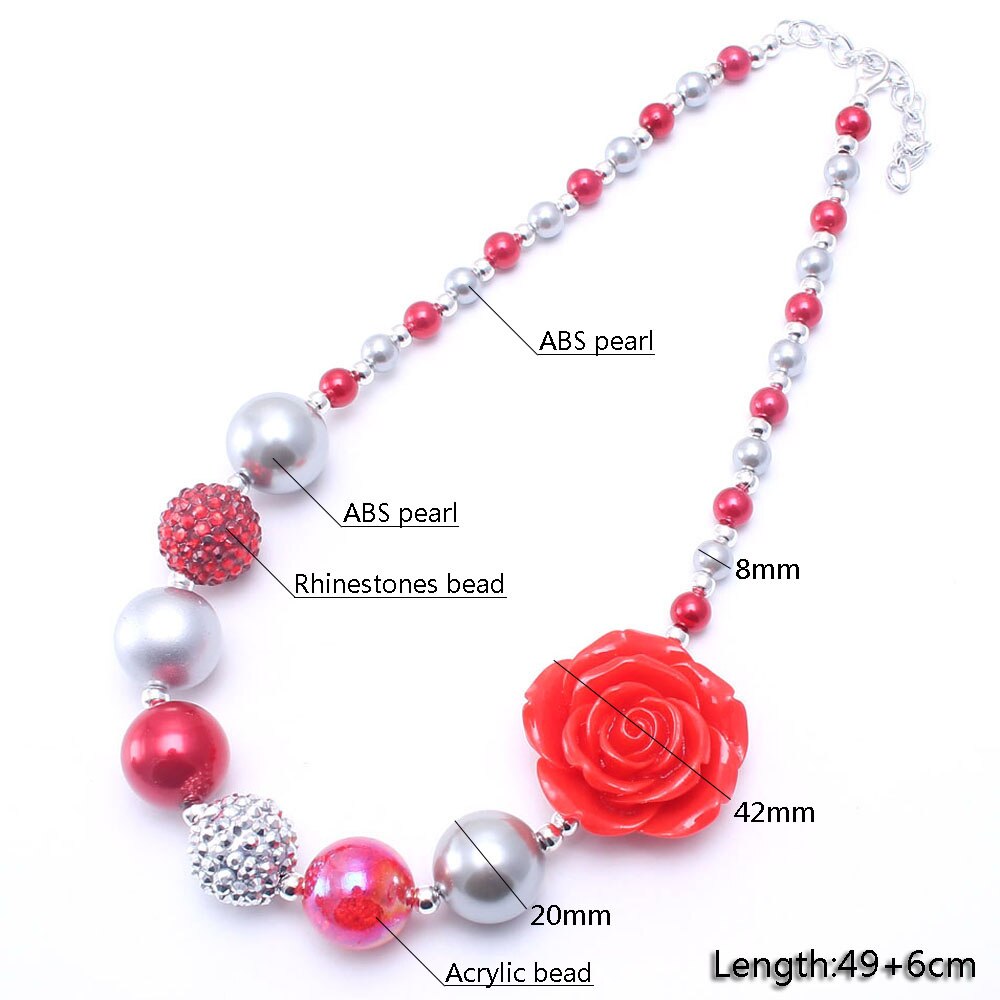 MHS.SUN 1PCS Big Flower Beads Kid Chunky Necklace Silve+Red Color Toddlers Girls Bubblegum Bead Chunky Necklace Children Jewelry
