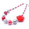 MHS.SUN 1PCS Big Flower Beads Kid Chunky Necklace Silve+Red Color Toddlers Girls Bubblegum Bead Chunky Necklace Children Jewelry