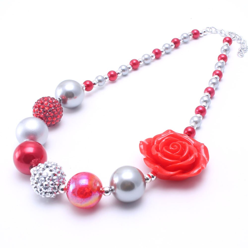 MHS.SUN 1PCS Big Flower Beads Kid Chunky Necklace Silve+Red Color Toddlers Girls Bubblegum Bead Chunky Necklace Children Jewelry