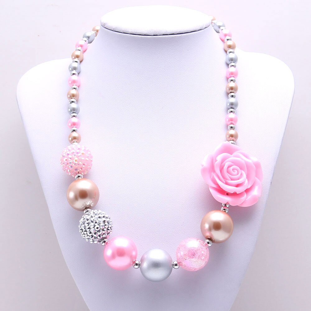MHS.SUN 1PCS Pink Flower Beads Kid Chunky Necklace Toddlers Girls Bubblegum Bead Chunky Necklace Children Jewelry