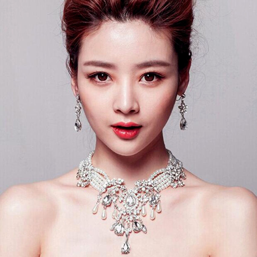 1SET Luxury Crystal Rhinestone Wedding Jewelry Set Elegant Pearl Bridal Necklace&Earring Set Women Wedding Party Jewelry