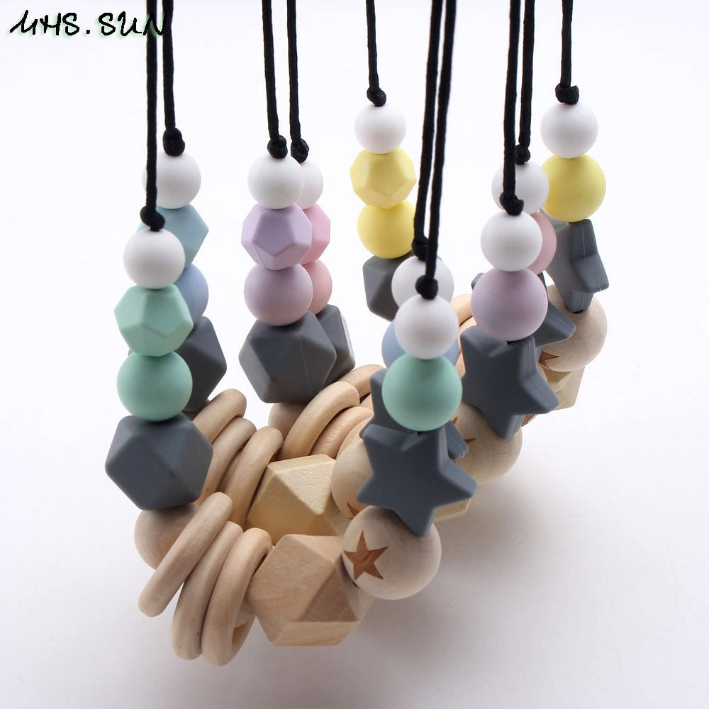MHS.SUN Baby Infant Silicone Wooden Beads Necklace Safty Teething Nursing Beads Necklace Colorful Breastfeeding Jewelry For Mom