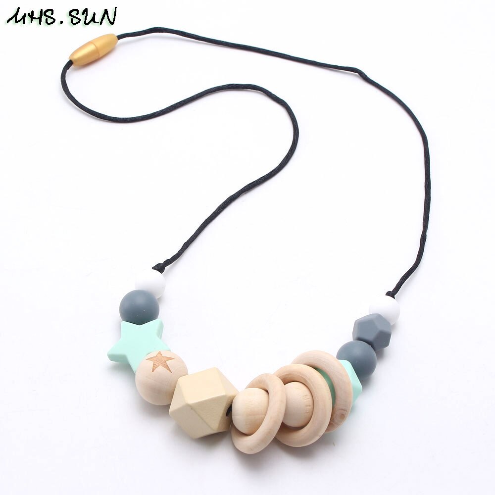 MHS.SUN Baby Infant Silicone Wooden Beads Necklace Safty Teething Nursing Beads Necklace Colorful Breastfeeding Jewelry For Mom
