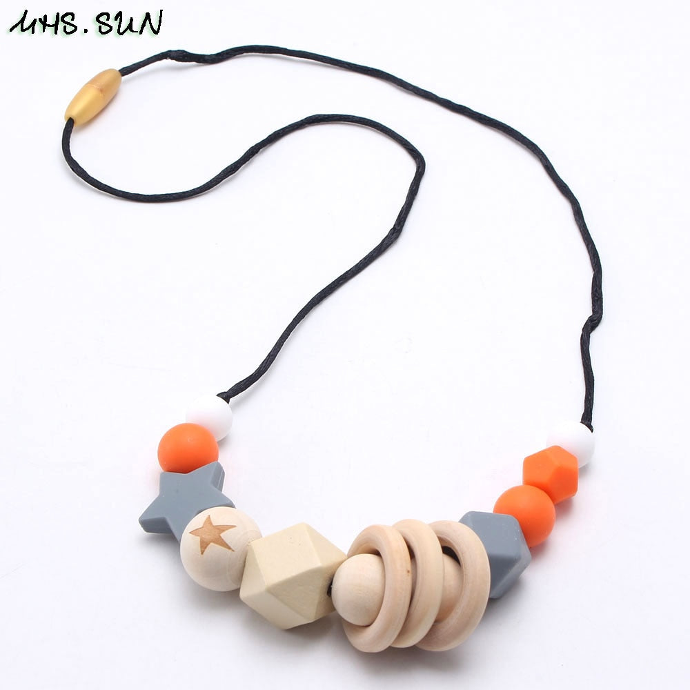 MHS.SUN Baby Infant Silicone Wooden Beads Necklace Safty Teething Nursing Beads Necklace Colorful Breastfeeding Jewelry For Mom
