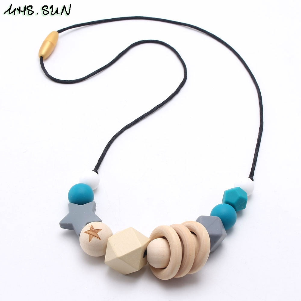 MHS.SUN Baby Infant Silicone Wooden Beads Necklace Safty Teething Nursing Beads Necklace Colorful Breastfeeding Jewelry For Mom