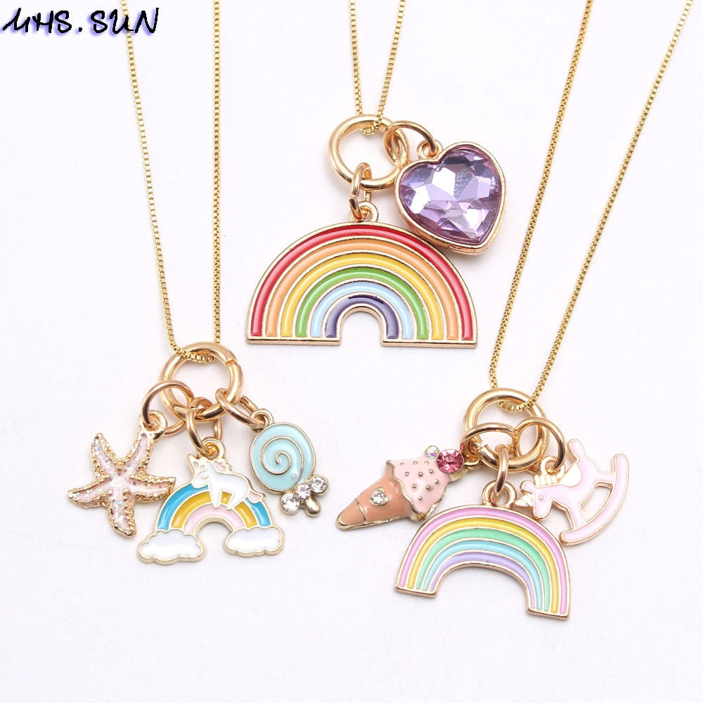 MHS.SUN  design cute diy charm necklace for kids girls ice-cream rainbow pendant necklace children chain jewelry necklace 1pc