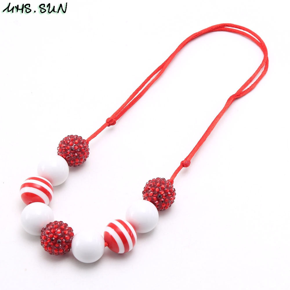 MHS.SUN red+white chunky bubblegum necklace girls rhinestone beads necklace kids adjustable rope jewelry for party