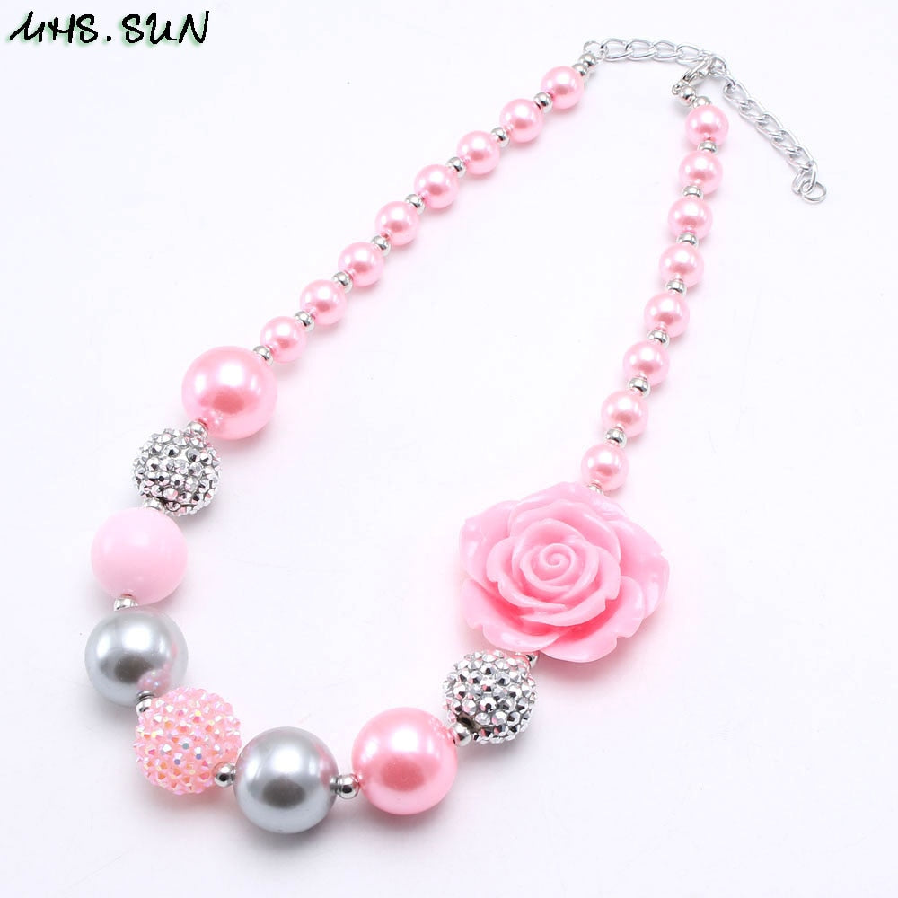 MHS.SUN Pink Style Girls Kids Chunky Beads Necklace With Rose Flower Child Bubblegum Beaded Necklace Chunky Jewelry 1PCS