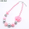 MHS.SUN Pink Style Girls Kids Chunky Beads Necklace With Rose Flower Child Bubblegum Beaded Necklace Chunky Jewelry 1PCS