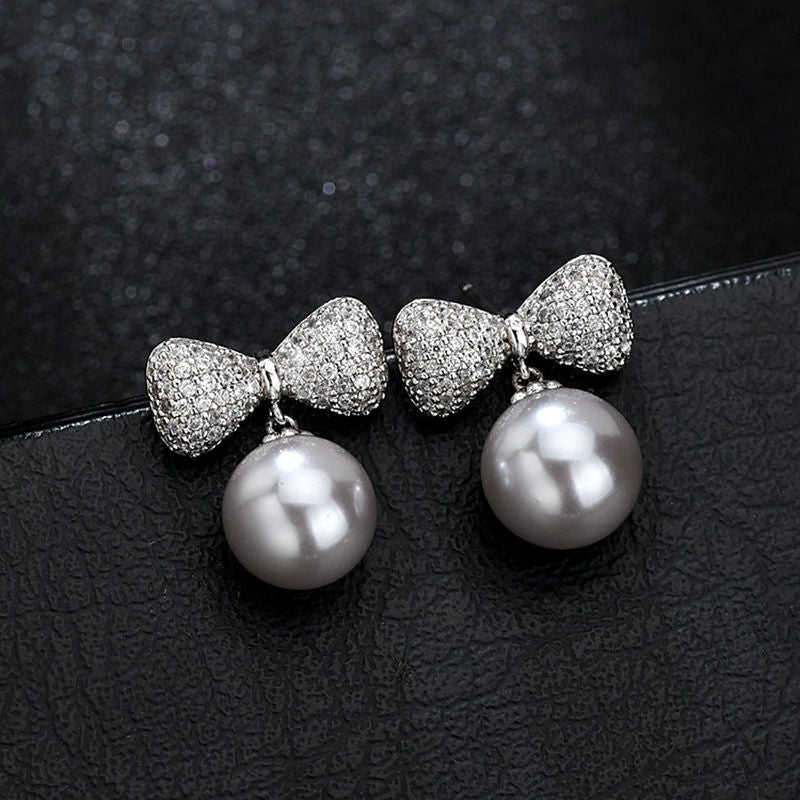 Exquisite Simulated Pearl Micro Pave Zirconia Crystal Bowknot Stud Earrings Rose Gold/Silver Color