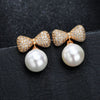 Exquisite Simulated Pearl Micro Pave Zirconia Crystal Bowknot Stud Earrings Rose Gold/Silver Color