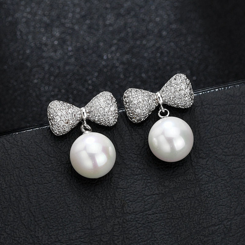 Exquisite Simulated Pearl Micro Pave Zirconia Crystal Bowknot Stud Earrings Rose Gold/Silver Color