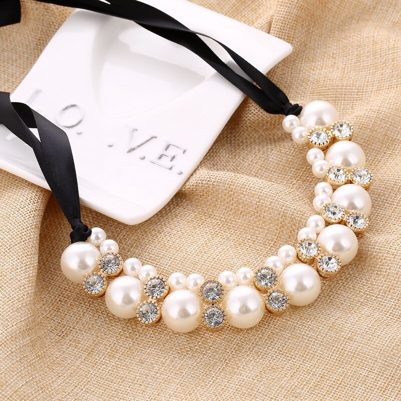 MINHIN Imitation Pearl Chokers Necklace White/Black Beads Rhinestone Ribbon Necklaces & Pendants Statement Necklace For Women