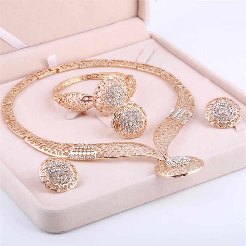 Women Delicate Gold Bridal Jewelry Sets Rhinestone Pendant Collar Bracelet Crystal Earrings Rings Wedding Accessories