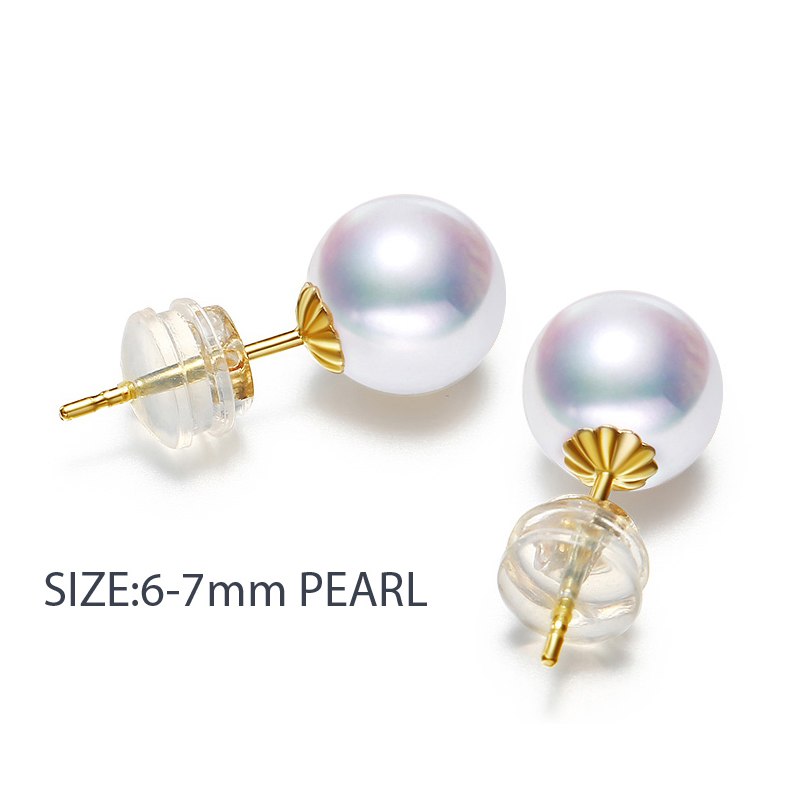 18K Gold earrings pearl Jewelry,6-7mm round Pearl yellow gold earrings for women brand wedding engagement stud earrings