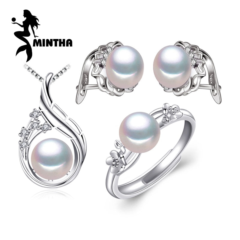 925 Sterling Silver earrings with stones,natural Pearl jewelry sets for women,bohemian set clip earrings rings
