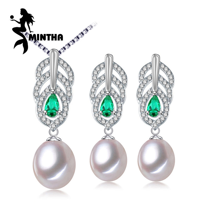 Pearl Jewelry Sets,Pearl Pendant Necklace Earrings For Women,Leaves Emerald leaf big earrings set fine jewelry with box