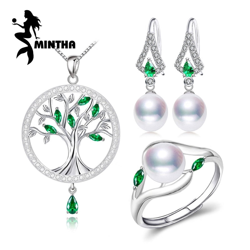 Pearl Jewelry Sets s925 sterling silver life Tree Necklace Earrings For Women engagement ring Emerald leaf necklace sets