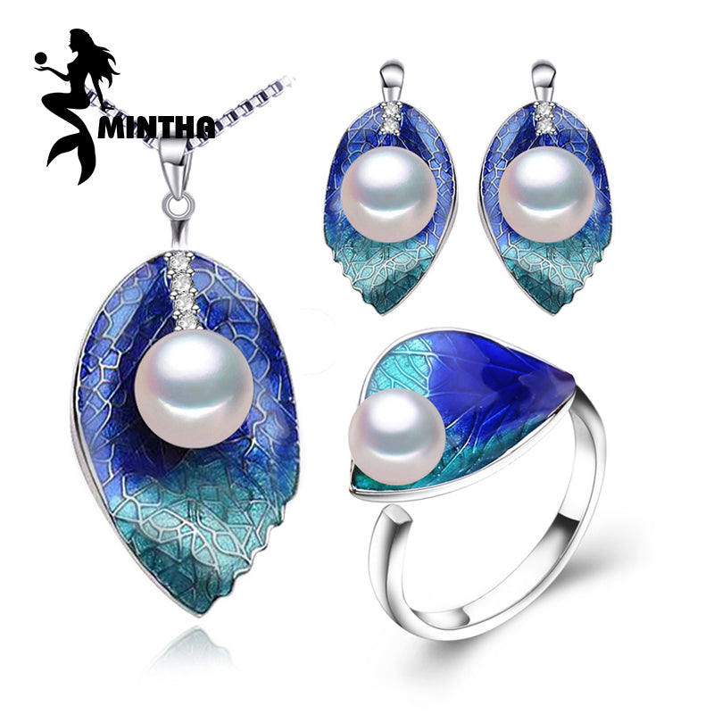 Pearl Jewelry sets, 925 Sterling Silver stud earrings,2020 new bohemia Pearl leaf necklace for women love ring