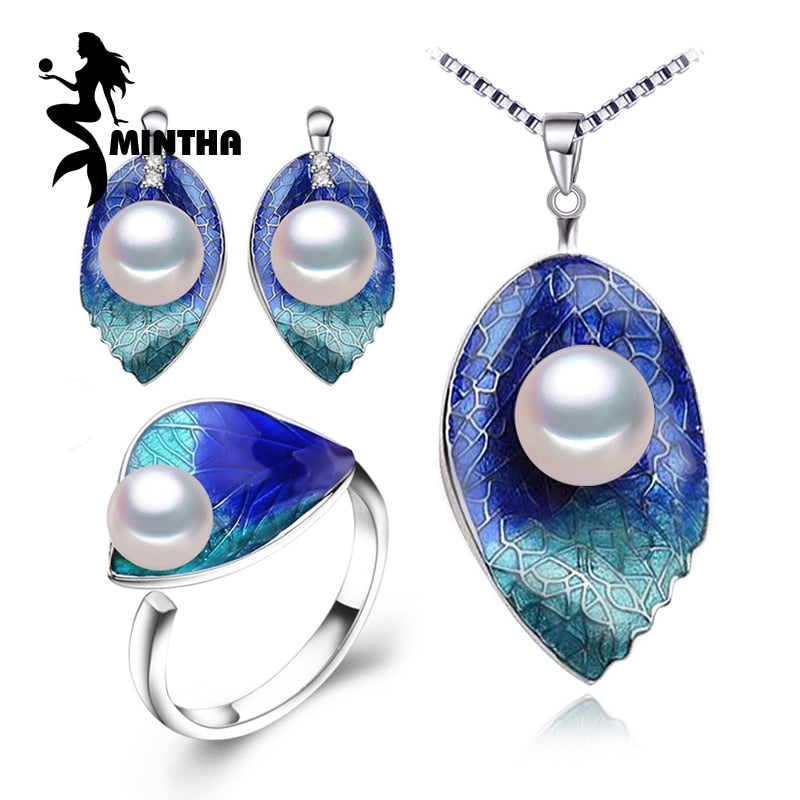Pearl Jewelry sets 925 Sterling Silver stud earrings,natural Pearl leaf necklace for women Cloisonne earrings ring set