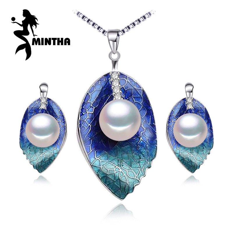 Pearl Jewelry sets 925 Sterling Silver stud earrings,natural Pearl leaf necklace for women love Cloisonne earrings ring