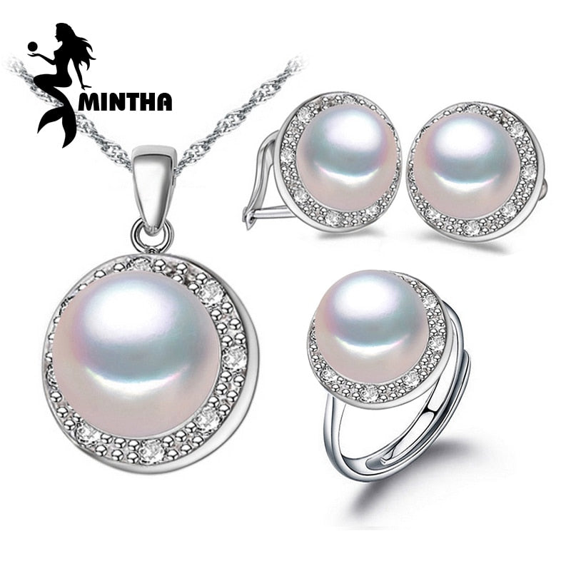 Pearl Jewelry wedding engagement jewelry sets,Natural Pearl pendant Necklace women/party earrings female/silver ring