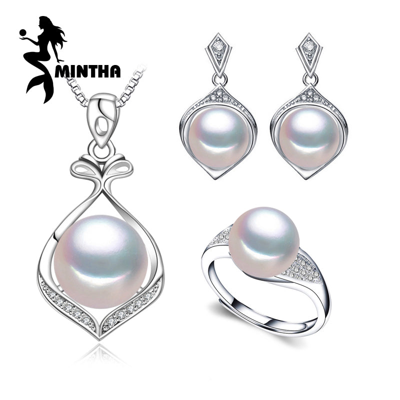 Pearl Jewelry wedding engagement jewelry sets,Natural Pearl pendant Necklace women/party earrings female/silver ring