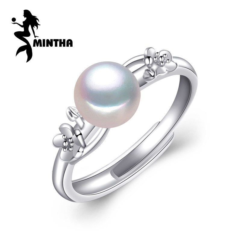 Pearl Jewelry,white beads cute flower Pearl rings for women,bohemian 925 Sterling Silver ring with Gift box