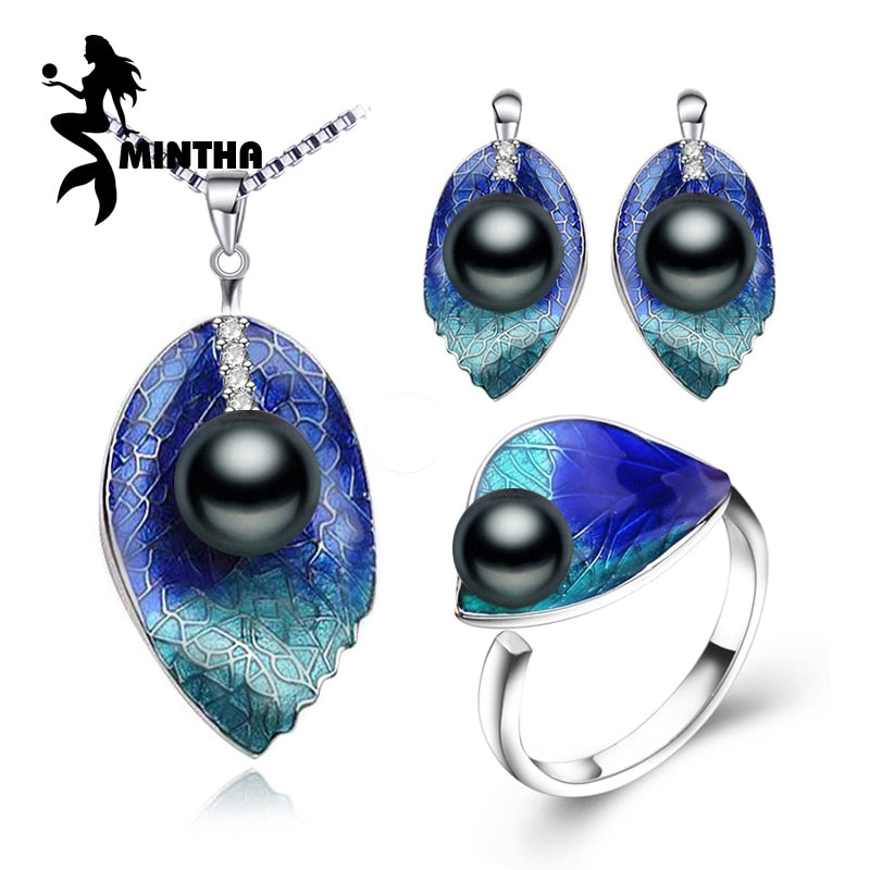 Pearl Jewelry sets 925 Sterling Silver stud earrings,natural bohemia Pearl leaf necklace for women love ring