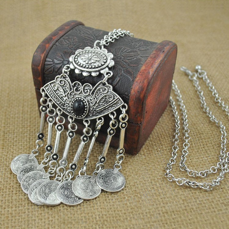 2020 Fashion Gypsy Bohemian Boho Jewelry Silver color Tassels Long Carving Coins Necklace For Women Fine Jewelry