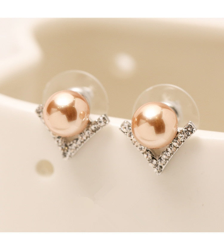 Jewelry Rhinestone 3colors Imitation Pearl Earrings Silver Color Needle Geometric V Type Stud Earrings Anti Allergy