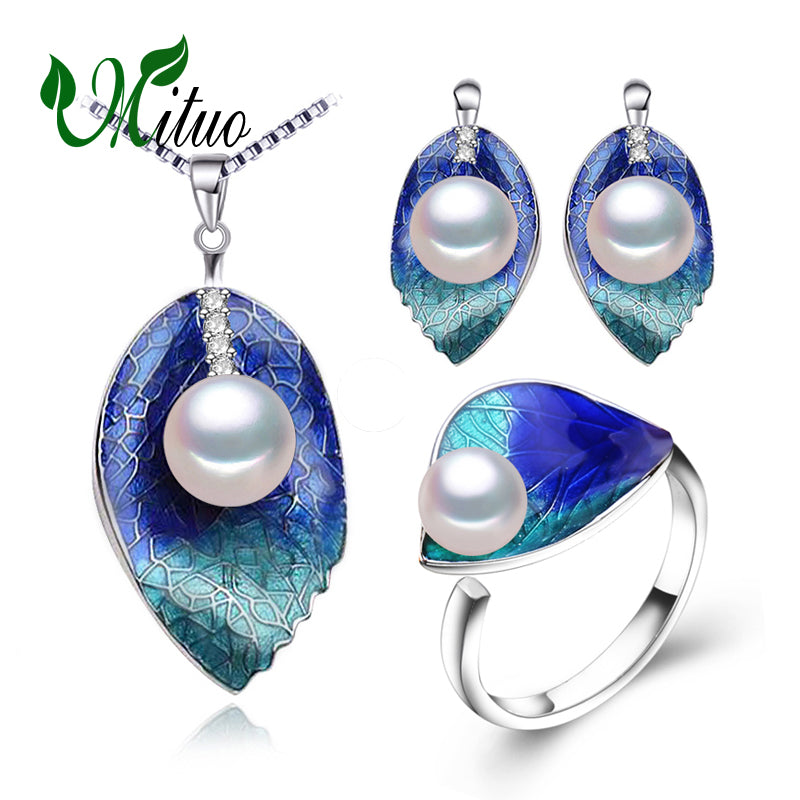 Pearl Jewelry sets 925 Sterling Silver stud earrings,natural Pearl leaf necklace for women love Cloisonne earrings ring