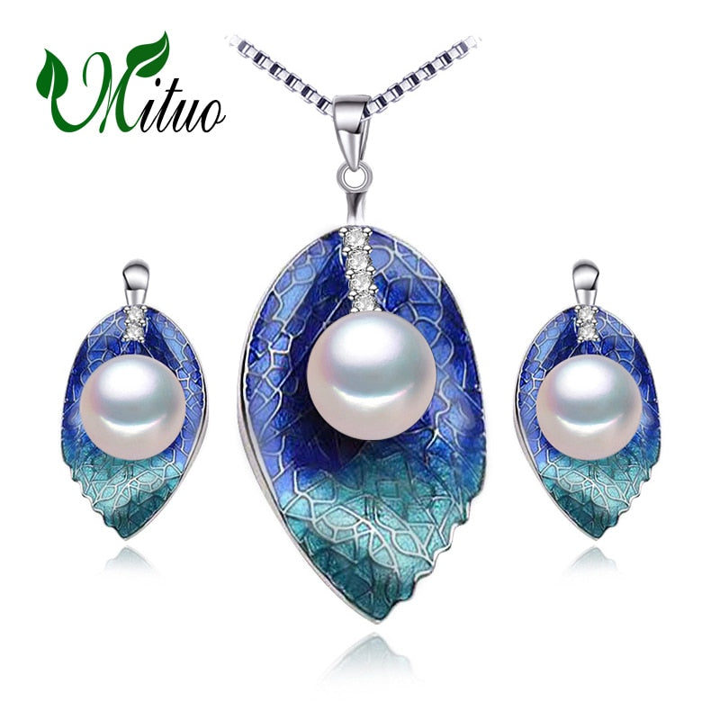 Pearl Jewelry sets 925 Sterling Silver stud earrings,natural Pearl leaf necklace for women love Cloisonne earrings sets
