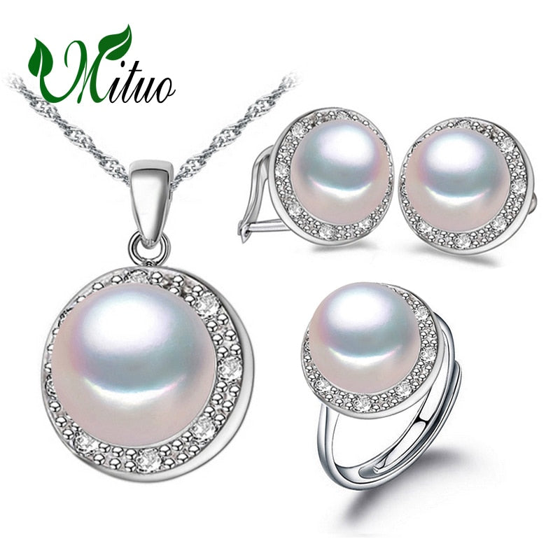 Pearl Jewelry sets 925 Sterling Silver stud earrings,natural Pearl leaf necklace for women love Cloisonne earrings ring