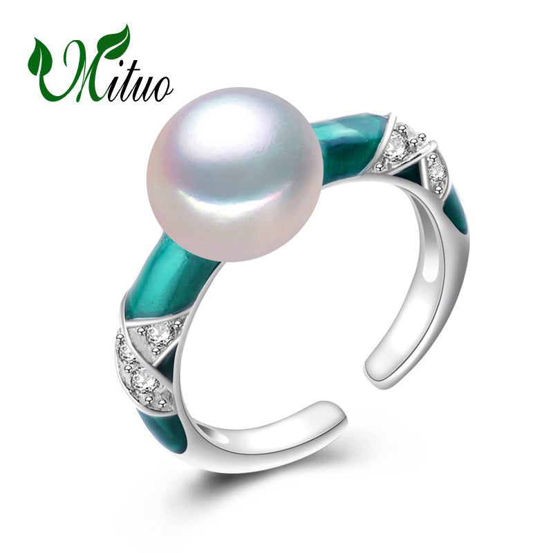 green gemstone Cloisonne Pearl rings,bohemian jewelry 925 sterling silver rings for Women Wedding ethnic jewelry box